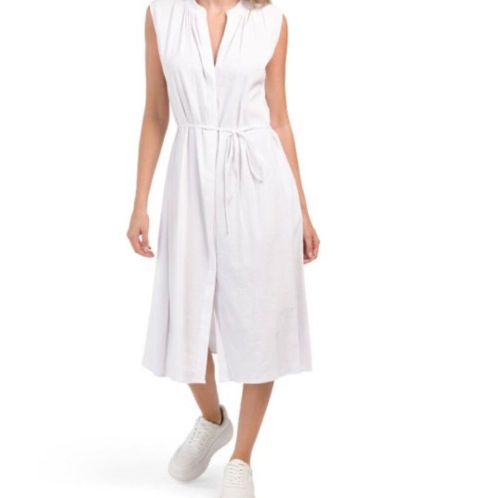 Vince Sleeveless Shirred Band Collar Linen Blend Midi Dress in White Size: M